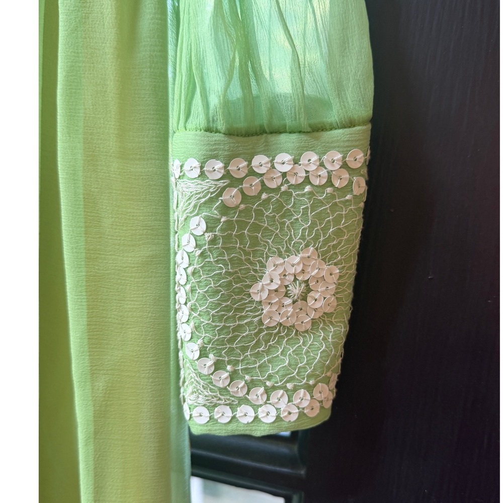 Vintage 1970s Lime Green Chiffon Dress Crochet Sequin Bodice Sheer Sleeve 70s - Picture 3 of 12